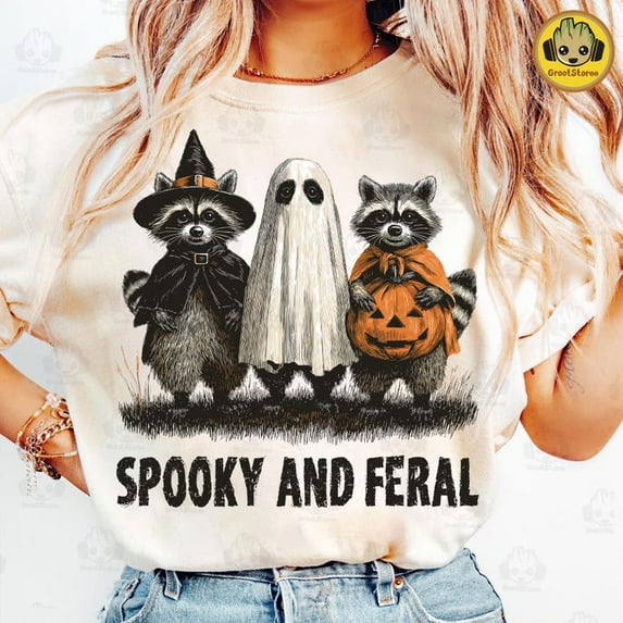 Retro Spooky & Feral Raccoon Halloween T-Shirt, Creepy Cute Ghost Animal Tee, Funny Feral Girl Shirt, Halloween Mama Fall Graphic Top