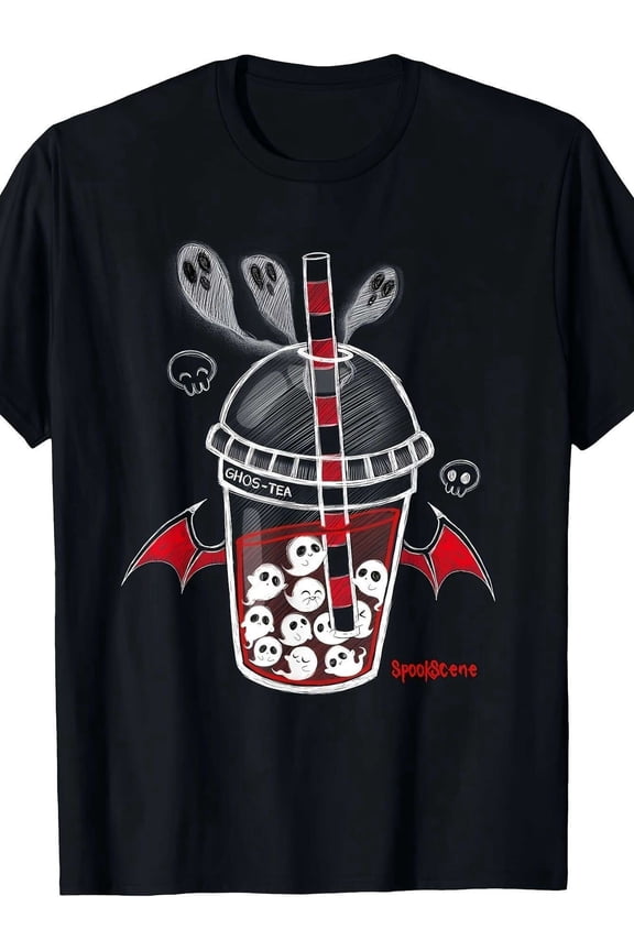 Retro Spooky Ghost Boba Ghos-Tea Graphic Tee Kawaii Halloween Bat Wing Gothic Apparel Men Women Funny Pun Black T-Shirt