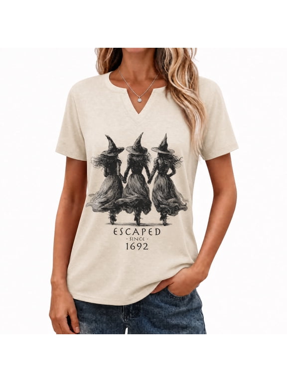 Retro Spooky Halloween Witch Tee, Women's Notch V-Neck Shirt,Escaped Since 1692(Q5-Beige,M)