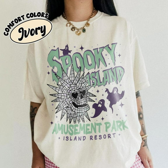 Retro Spooky Island Shirt Comfort Colors, Disco Skull Cartoon Halloween Movie T Shirt, Halloween Skeleton Gift,Ivory Color,Size M