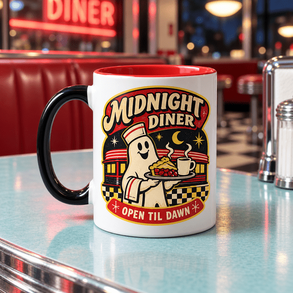 Retro Spooky Midnight Diner Ghost Ceramic Coffee Mug Halloween Gift