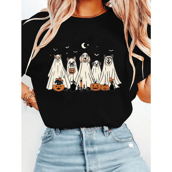 Retro Spooky Season Print Tops Halloween Ghost Dog Graphic Tees Short Sleeve Casual T-shirts Cotton Shirts for Daily Outfits Black,XL