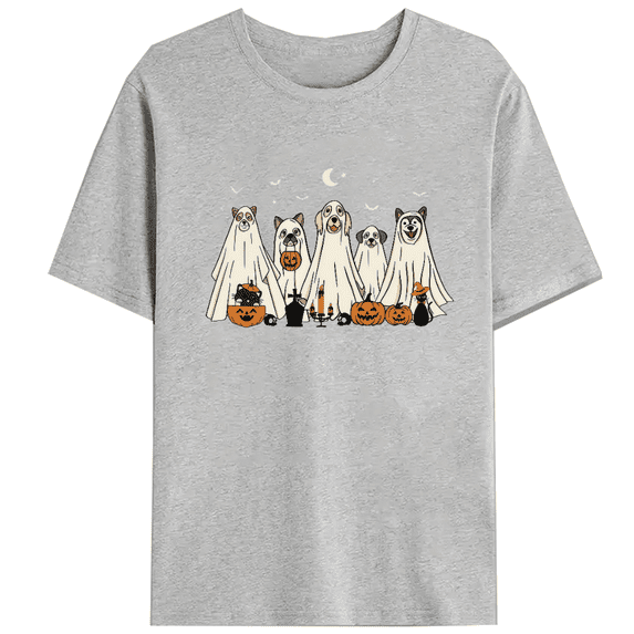 Retro Spooky Season Print Tops Halloween Ghost Dog Graphic Tees Short Sleeve Casual T-shirts Cotton Shirts for Daily Outfits Gray,3XL