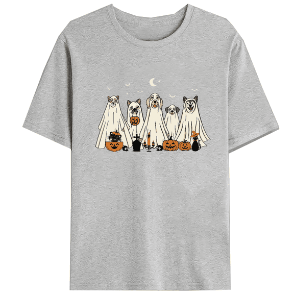 Retro Spooky Season Print Tops Halloween Ghost Dog Graphic Tees Short Sleeve Casual T-shirts Cotton Shirts for Daily Outfits Gray,XL