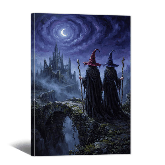 Retro Spooky Witches and Castle Canvas Wall Art Halloween Picture Print, Vintage Dim Scene Gothic Artwork Painting for Living Room Bedroom Home Office Decor