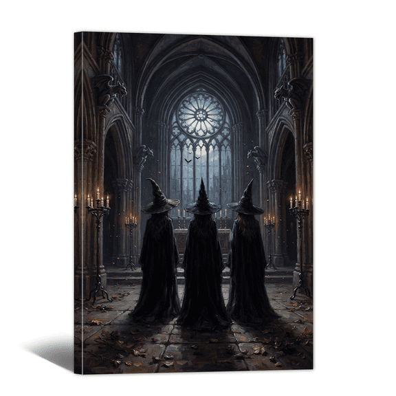 Retro Spooky Witches and Castle Canvas Wall Art Halloween Picture Print, Vintage Dim Scene Gothic Artwork Painting for Living Room Bedroom Home Office Decor