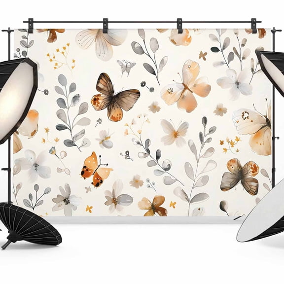 Retro Spring Floral Backdrop for Photoshoot, Photography Photo Studio Background Wall Backdrop, Brown Butterfly Botanical Back Drop Banner Panel for Portraits Wedding Party Live Streaming Decor 8x6Ft