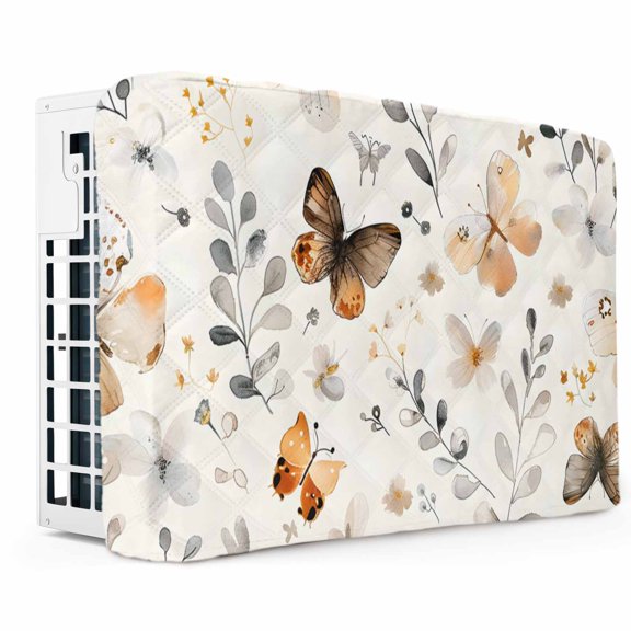 Retro Spring Floral Indoor Air Conditioner Cover, Double Insulated AC Covers for Inside, Brown Butterfly Botanical Waterproof Window Air Conditioner Covers with Elastic Straps 17"Lx13"Wx3.5"D