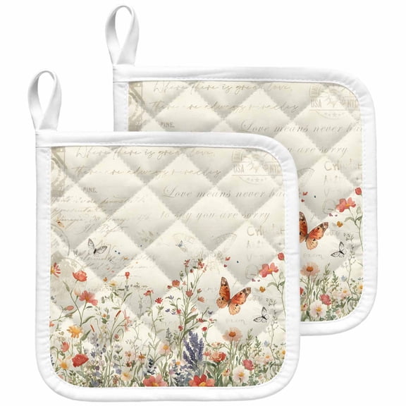 Retro Spring Floral Pot Holders for Kitchen Heatproof Potholder, 2 Pack Botanical Colorful Summer Butterfly Hot Pads Multipurpose Oven Pads Cloth Potholders Trivet for Cooking and Baking