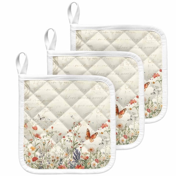 Retro Spring Floral Pot Holders for Kitchen Heatproof Potholder, 3 Pack Botanical Colorful Summer Butterfly Hot Pads Multipurpose Oven Pads Cloth Potholders Trivet for Cooking Baking
