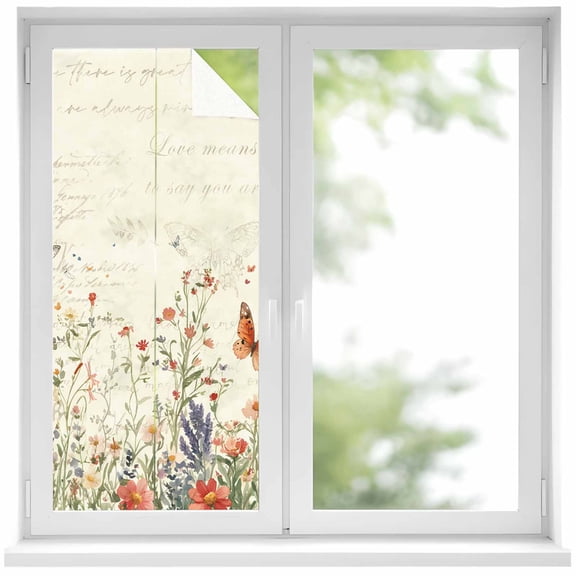 Retro Spring Floral Privacy Window Film, Decorative Frosted Glass Window Film, Botanical Colorful Summer Butterfly Reusable Peel and Stick Static Cling for Home Bathroom Office Glass Door 17.7"x39.3"