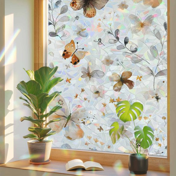 Retro Spring Floral Privacy Window Film, Decorative Stained Glass Window Film, Brown Butterfly Botanical Resuable Rainbow Static Cling for Home Bathroom Living Room Glass Door 17.7"x78.7"