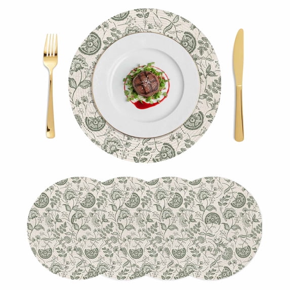 Retro Spring Floral Round 13 Inch Placemats Set of 4, Summer Botanical Vintage Farmhouse HeatResistant Non Slip Place Mats for Dining Table, Wipeable Braided Kitchen Table Mats for Housewarming