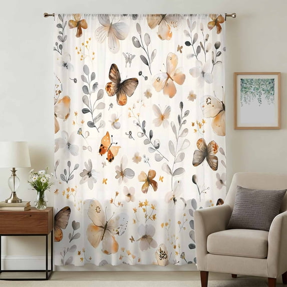 Retro Spring Floral Sheer Curtains 63 Inches Long, Brown Butterfly Botanical Light Filering Curtains, Breathable Simi Curtain Privacy Drapes for Living Room Bedroom Lightweight Window Treatment