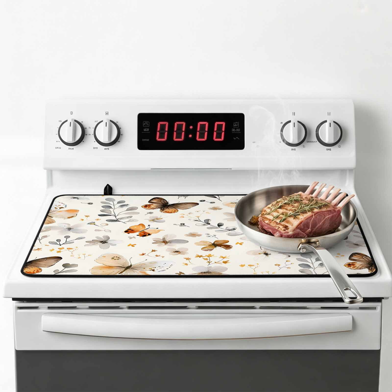 Retro Spring Floral Stove Top Cover for Electric Stove, Heat-proof & Non Slip Glass Top Stove Cover Protector, Brown Butterfly Botanical Kitchen Flat Cooktop Rubber Mat 24x21 Inches
