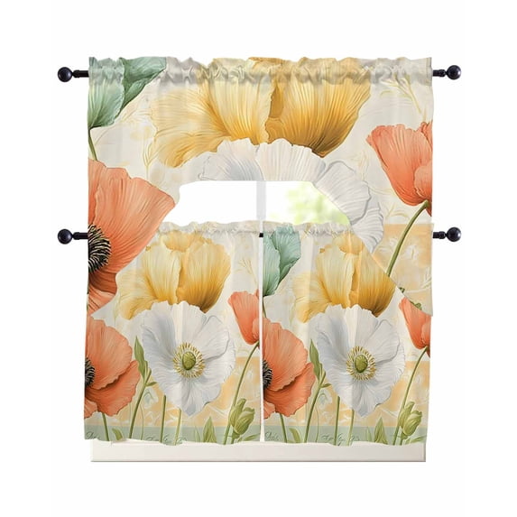Retro Spring Floral Swag Kitchen Curtains Sets for Windows 24 Inch Length, Watercolor Elegant Summer Flowers Short Window Curtain Panels Swags Valances and Tiers 3 Piece Set for Cafe/Dining Room