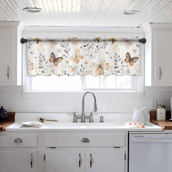 Retro Spring Floral Valance Curtains for Kitchen/Living Room/Bathroom/Bedroom Window, Brown Butterfly Botanical Rod Pocket Small Topper Half Short Window Curtains Voile Sheer Scarf 42"x12"