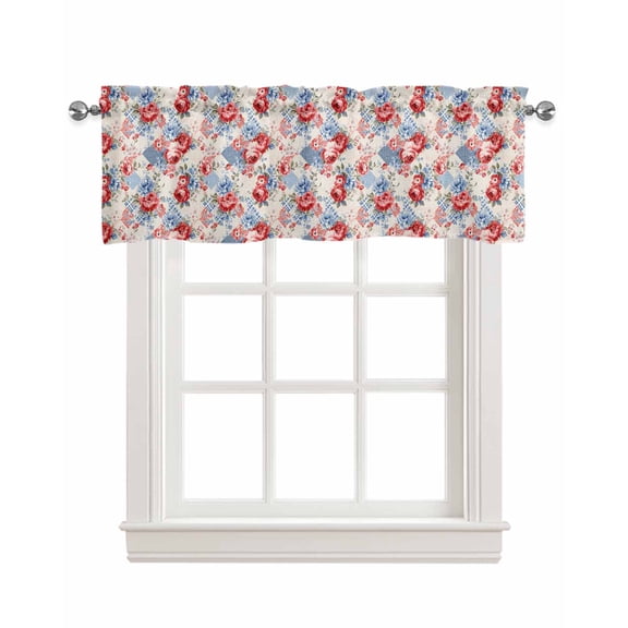 Retro Spring Flower Linen Curtain Valance for Bedroom/Bathroom/Kitchen/Office/Living/Dining Room Window,4th Of July Rustic Red Blue Botanical Rod Pocket Topper Decorative Cafe Drapes Panel 42"x12"