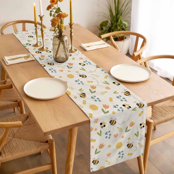 Retro Spring Flowers Bees Table Runner 90 Inches Long,Kitchen Dining Tablerunners Farm Floral Art on Linen Linen Table Runners Dresser Scarves for Home Dinner Wedding Holiday Party Decor