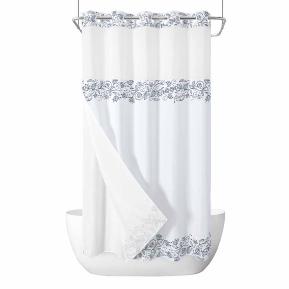 Retro Spring Flowers No Hooks Shower Curtain with Snap-in Liner Lines Countryside Floral Leaf Shower Curtains for Bathroom, Waterproof, Easy Install, Washable 36"x72"