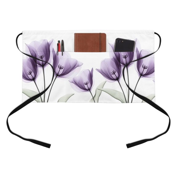 Retro Spring Kitchen Restaurant Half Waist Apron, Purple Tulip Flower Leaf Floral Server Short Apron with 3 Pockets Waterproof Oil Waist Aprons for Women Waitress Waiter
