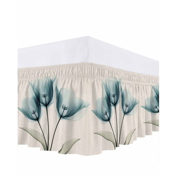 Retro Spring Ruffle Bed Skirt Queen Size Teal Tulip Flower Leaf Beige Adjustable Elastic Dust Bed Skirts Wrap Around Bedskirt Wrinkle Free Easy Fit with 16 Inch Drop