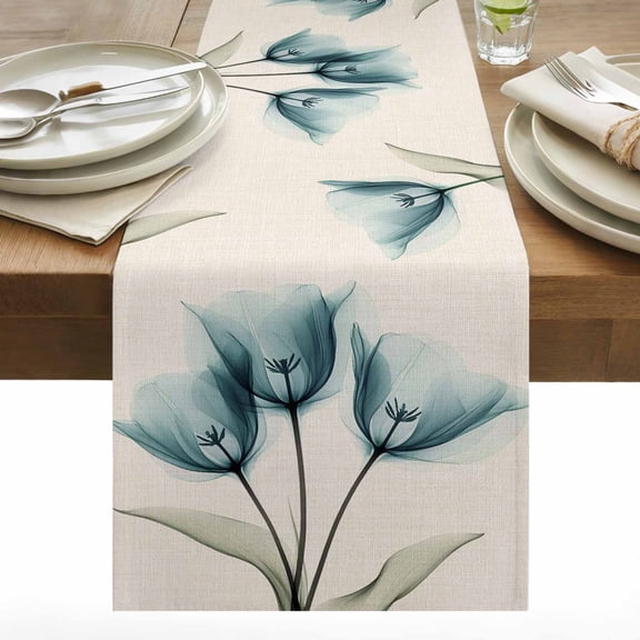 Retro Spring Table Runner 13x36 inch Teal Tulip Flower Leaf Beige Cotton Linen Dining Table Runner Ideal for Dresser Kitchen Coffee Tables - Machine Washable