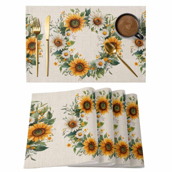 Retro Spring Watercolor Garland Placemats Set of 6,Wipeable Washable Table Mats for Dining Tables, Country Sunflower Daisy Place Mats for Kitchen Event Party Tabletop Decor