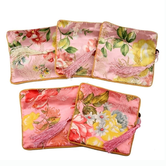 Retro Square Cloth Zipper Pouches with Tassel and Flower Pattern Pink 11.5x11.5cm