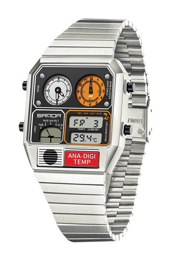 Retro Square Digital Watch with Temperature Display Unisex 7.5Inch Analog 3 Time Zones Luminous Backlight 50M Waterproof Alarm Stopwatch Week/Date