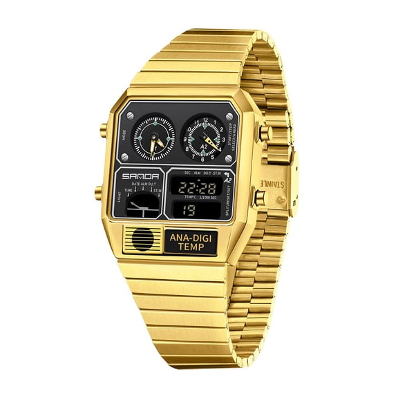Retro Square Digital Watch with Temperature Display Unisex 7.5Inch Analog 3 Time Zones Luminous Backlight 50M Waterproof Alarm Stopwatch Week/Date