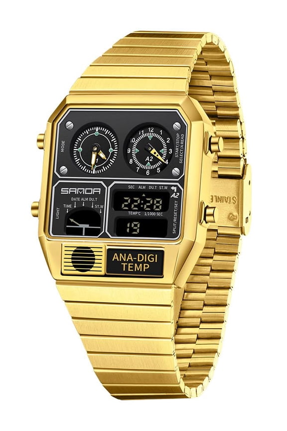 Retro Square Digital Watch with Temperature Display Unisex 7.5Inch Analog 3 Time Zones Luminous Backlight 50M Waterproof Alarm Stopwatch Week/Date