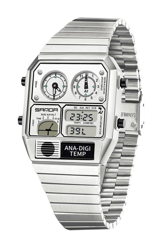 Retro Square Digital Watch with Temperature Display Unisex 7.5Inch Analog 3 Time Zones Luminous Backlight 50M Waterproof Alarm Stopwatch Week/Date