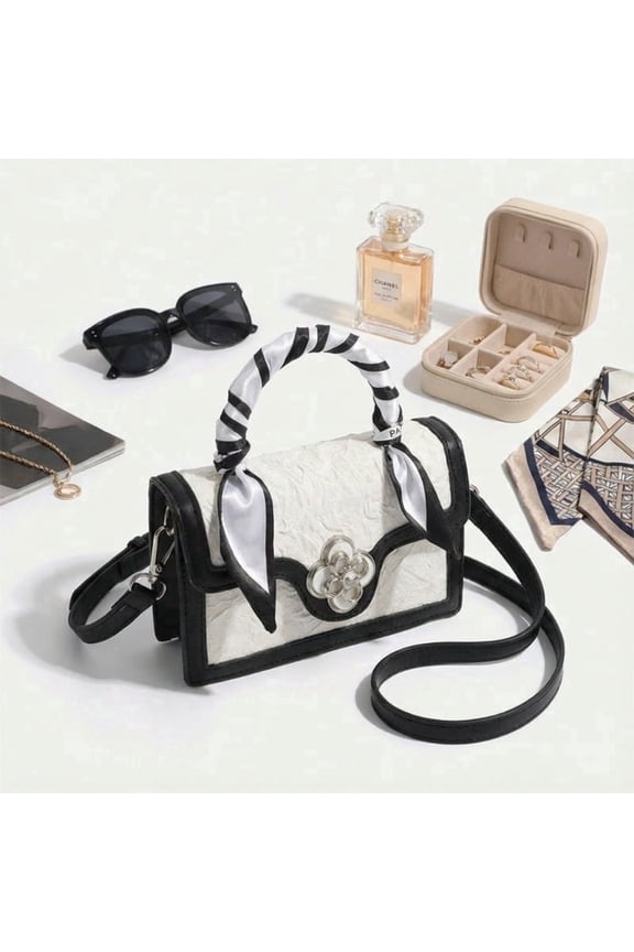 Black and White Mini Crossbody Bag for Women, Retro Square Flap Handbag with Floral Clasp, Bow Scarf and Top Handle