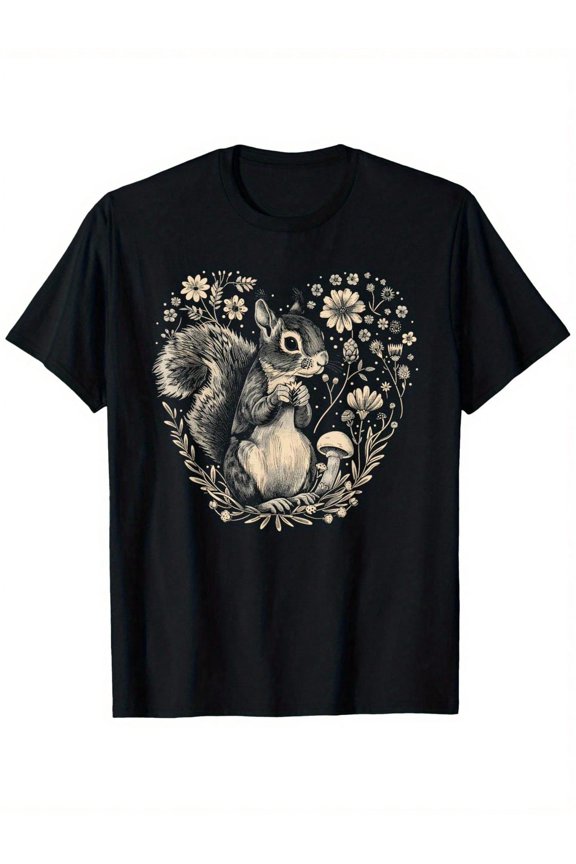 Retro Squirrel Heart Floral Mushroom Nature Lover Graphic Tee Vintage Cottagecore Style Men Women T-Shirt
