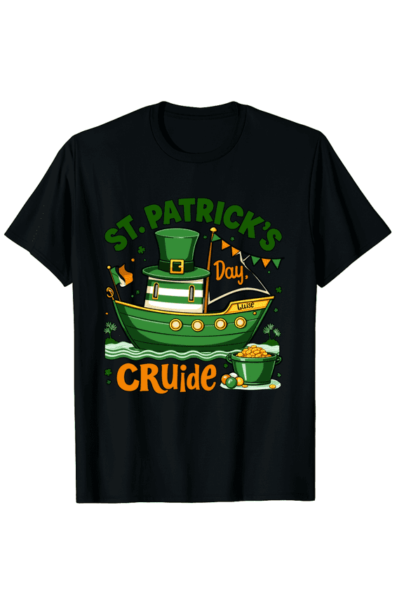 Retro St. Patrick's Day Cruise T-Shirt Funny Irish Nautical Boat Graphic Tee Lucky Green Leprechaun Hat Pot of Gold Vacation Apparel for Men and Women