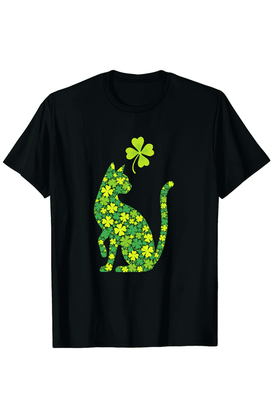 Retro St. Patrick's Day Lucky Shamrock Cat Silhouette T-Shirt - Cute Irish Green Four Leaf Clover Graphic Tee for Men and Women