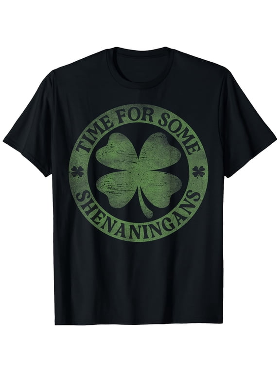 Retro St. Patrick's Day Shenanigans T-Shirt Funny Lucky Four Leaf Clover Graphic Tee for Men and Women Vintage Green Shamrock Top