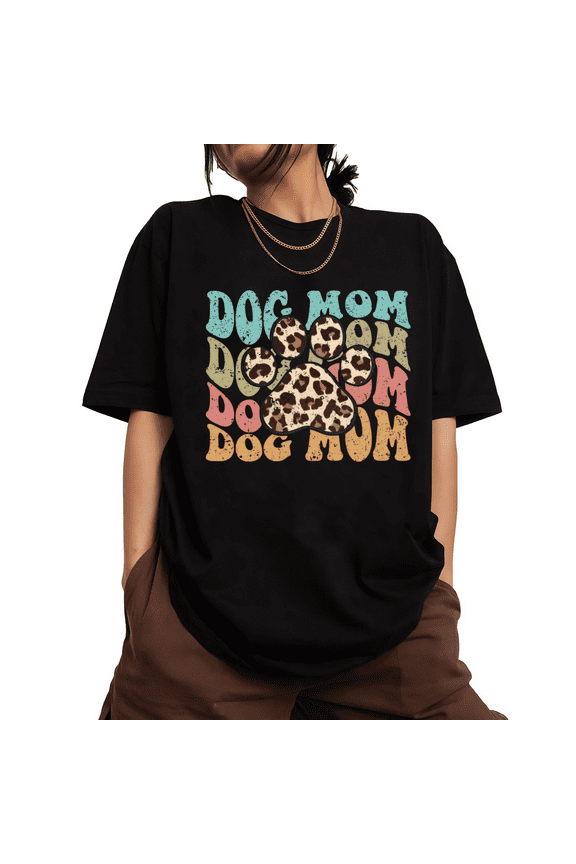 Retro Stacked Dog Mom Print Tshirt Black S-5XL Leopard Paw Graphic Tees Pet Lover Shirts Tops