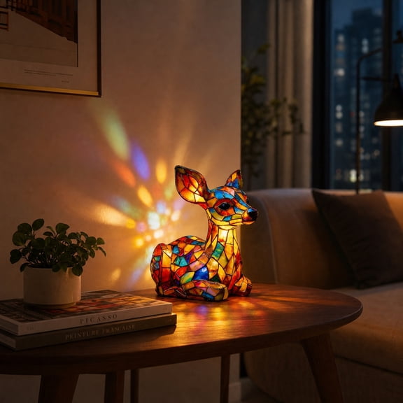 Retro Stained Resin Deer Night Light 5.9 Inch Cute Fawn Table Lamp with Warm LED Glow, Vintage Animal Decor for Bedroom, Shelf & Home Office, Gift for Animal Lovers