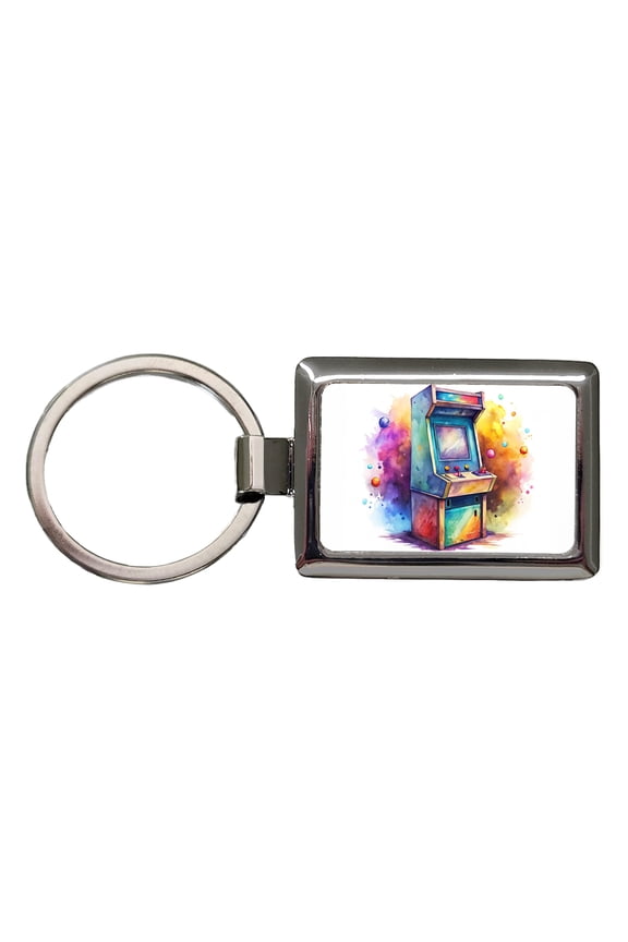 Retro Stand-up Arcade System Watercolor Metal Rectangle Keychain