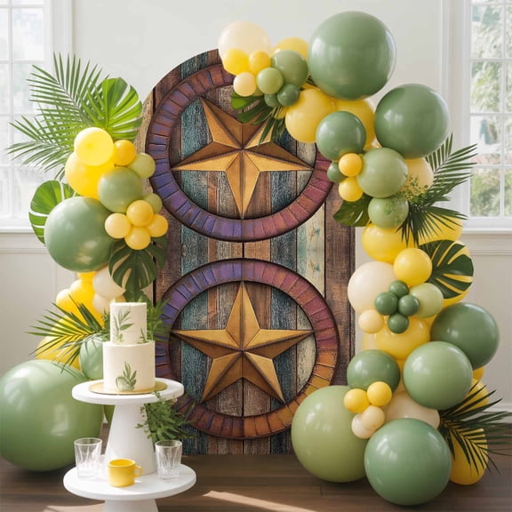 Retro Star Arch Backdrop Cover, 6FT, Abstract Metal Stars Gradient Circle Wood Grain Spandex Arch Covers Double-Sided Backdrop for Wedding Birthday Party Photo Background Decoration