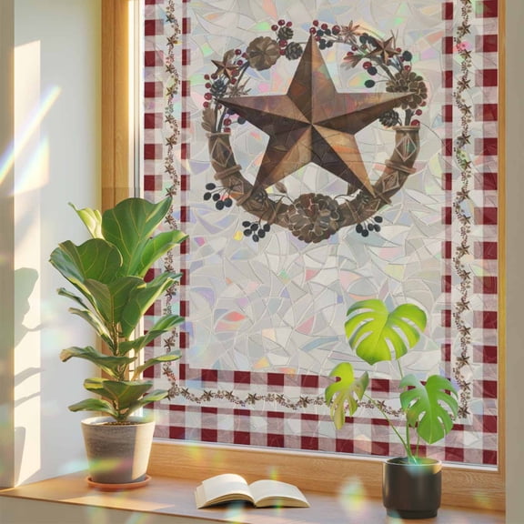 Retro Star Berry Ring Window Privacy Film, Rainbow Film Decorative Window Sticker 17.7x39.3in, Vintage Rustic Lattice Edge Sun Blocking Static Stained Glass Cling Tint Non-Adhesive