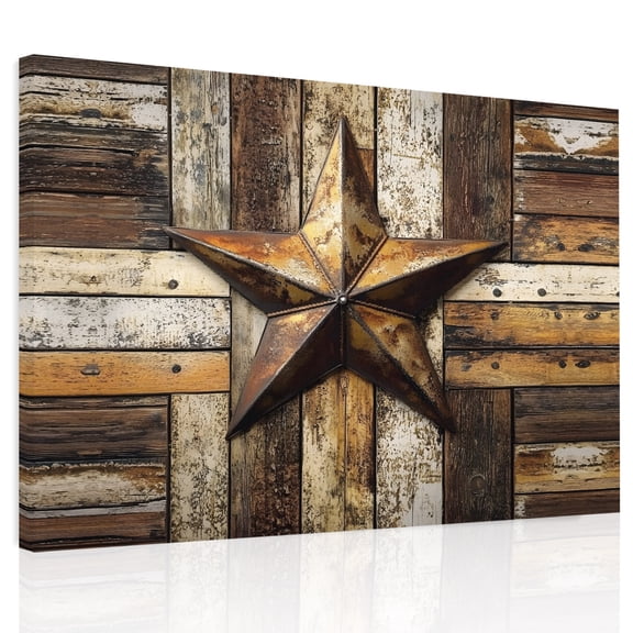 Retro Star Canvas Print Wall Art, Country Shabby Texas Stars Mottled Old Wood Grain Wall Decor Modern Artwork Paintings Pictures for Living Room Framed and Stretched Ready to Hang, 24" x 32"