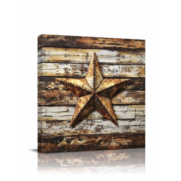 Retro Star Canvas Wall Art, Country Texas Stars Worn-out Weathered Wood Framed Wall Decor Modern Artwork Prints Painting for Living Room, Bedroom, Kitchen & Cafe Decor 24x24 Inch