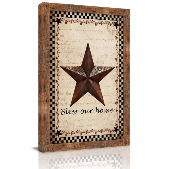 Retro Star Canvas Wall Art for Living Room, Bless Our Home Black Plaid Vintage Letter Farms Wall Decor Framed Artwork Pictures Ready to Hang for Bedroom Office Home Decor