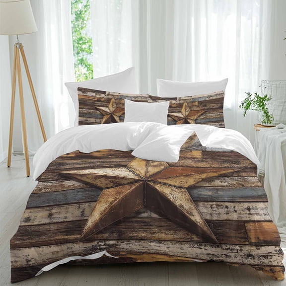 Retro Star Comforter Set Queen Size, Abstract Metal Shabby Stars Old Mottled Wood Wall Soft Bedding Set for Man Woman, 4 Pieces Duvet Cover Set with Fitted Sheet, 2 Pillowcases