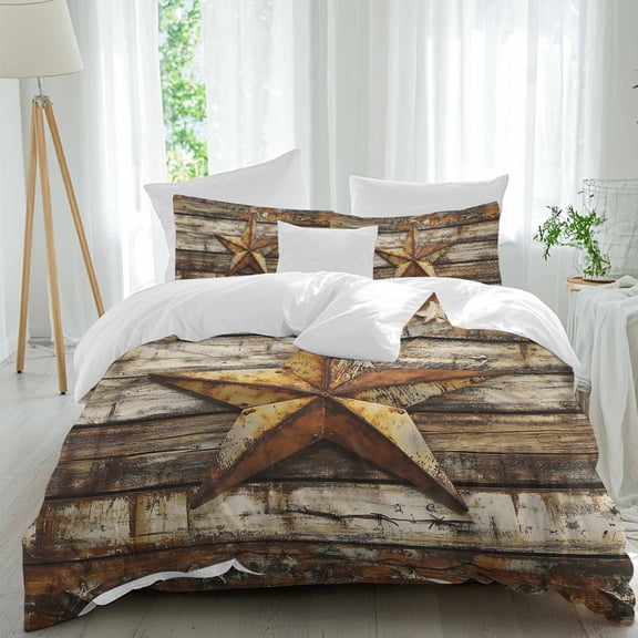 Retro Star Comforter Set Queen Size, Shabby Texas Stars Mottled Old Wood Grain Country Soft Bedding Set for Man Woman, 4 Pieces Duvet Cover Set with Fitted Sheet, 2 Pillowcases