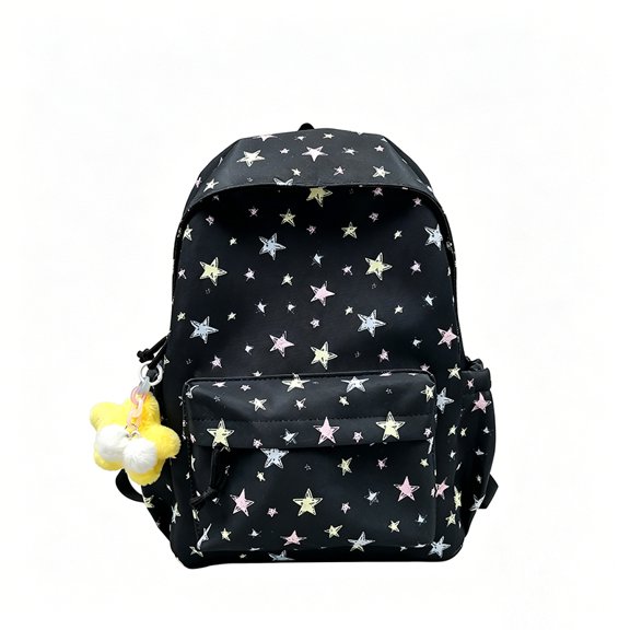 Retro Star Design Canvas Knapsack, Multi-Pocket Casual Shoulder Sack, Durable Water-Resistant Bag for Outdoor Hiking Daily Commute, 16.14 Inch (Black)