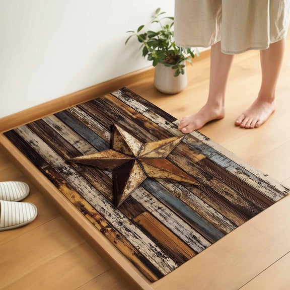 Retro Star Door Mat 16x24 Inch Abstract Metal Shabby Stars Old Mottled Wood Wall Entryway Rug with Non-Slip Rubber, Inside Floor Mats Front Door Rug for Living Room Bathroom Bedroom Home Office